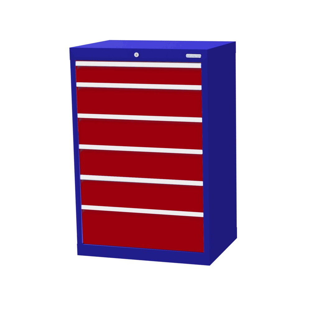 Imagen del producto: Armario con cajones Bedrunka+Hirth Profi, cajones 1x100 + 4x150 + 1x200 mm, H x A x F 1.019 x 680 x 500 mm, azul genciana, rojo rubí