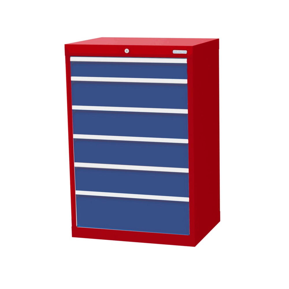 Imagen del producto: Armario con cajones Bedrunka+Hirth Profi, cajones 1x100 + 4x150 + 1x200 mm, H x A x F 1.019 x 680 x 500 mm, rojo rubí, azul luminoso