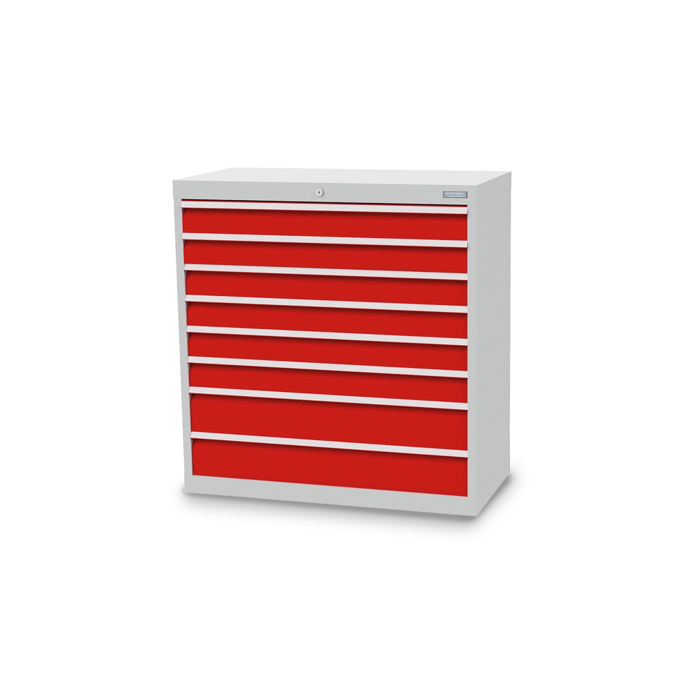 Imagen del producto: Armario con cajones Bedrunka+Hirth Profi, cajones 6x100+ 2x150 mm, H x A x F 1.019 x 980 x 500 mm, gris luminoso, rojo tráfico