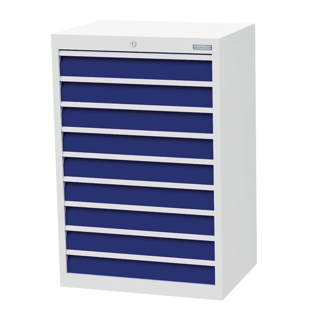 Imagen del producto: Armario con cajones Bedrunka+Hirth Profi, cajones 9x100 mm, H x A x F 1.019 x 680 x 500 mm, gris luminoso, azul genciana
