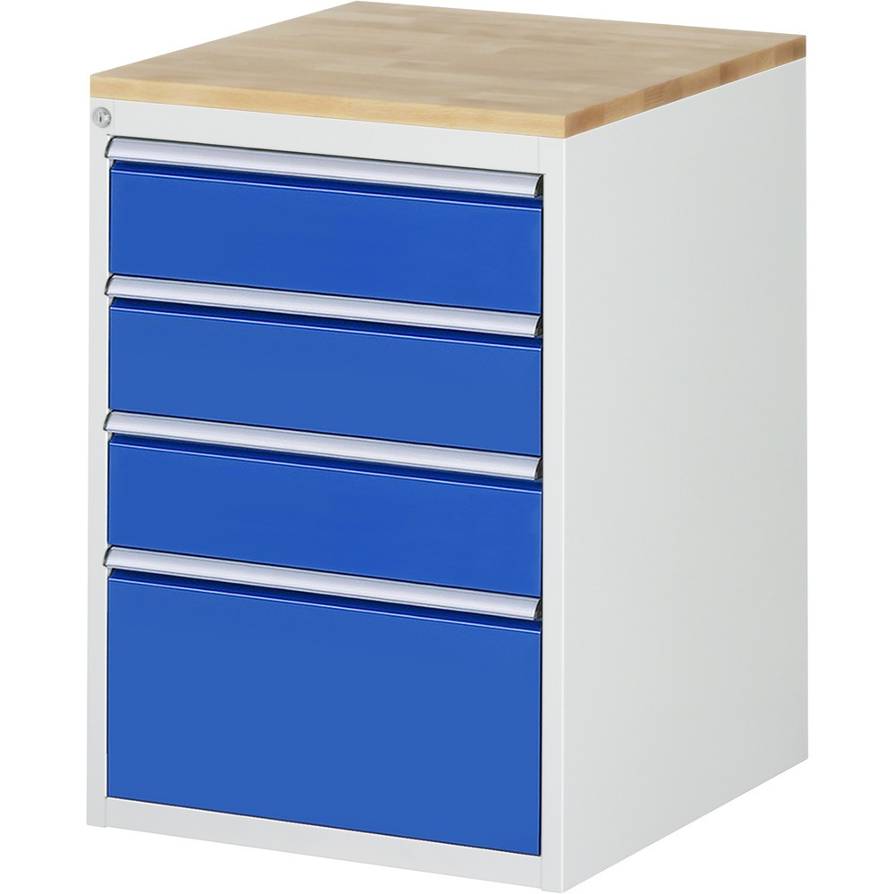 Imagen del producto: Armario con cajones RAU serie 7000, HxAxF 825 x 580 x 650 mm, 4 cajones extraíbles al 90 %, 3 x 150, 1 x 270 mm, encimera de haya