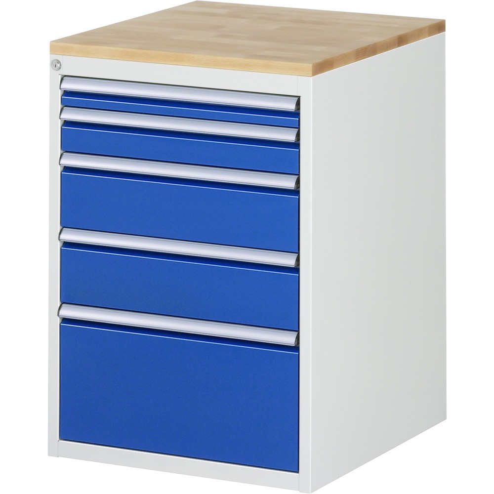 Imagen del producto: Armario con cajones RAU serie 7000, HxAxF 825 x 580 x 650 mm, 5 cajones extraíbles al 90%, 1 x 60 mm, 1 x 90 mm, 2 x 150 mm, 1 x 270 mm, encimera de haya