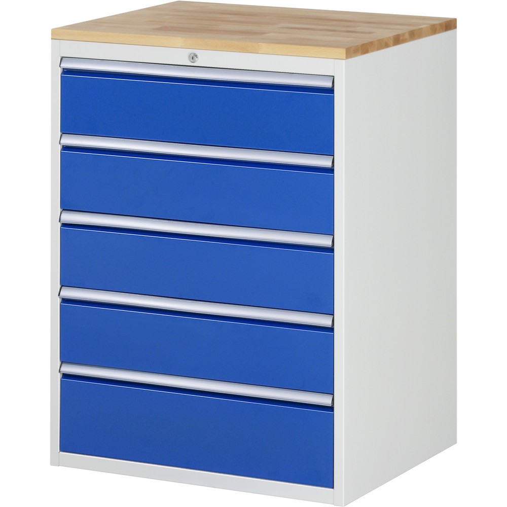 Imagen del producto: Armario con cajones RAU serie 7000, HxAxF 1.035 x 770 x 650 mm, 5 cajones extraíbles al 90%, 4 x 180 mm, 1 x 210 mm, encimera de haya