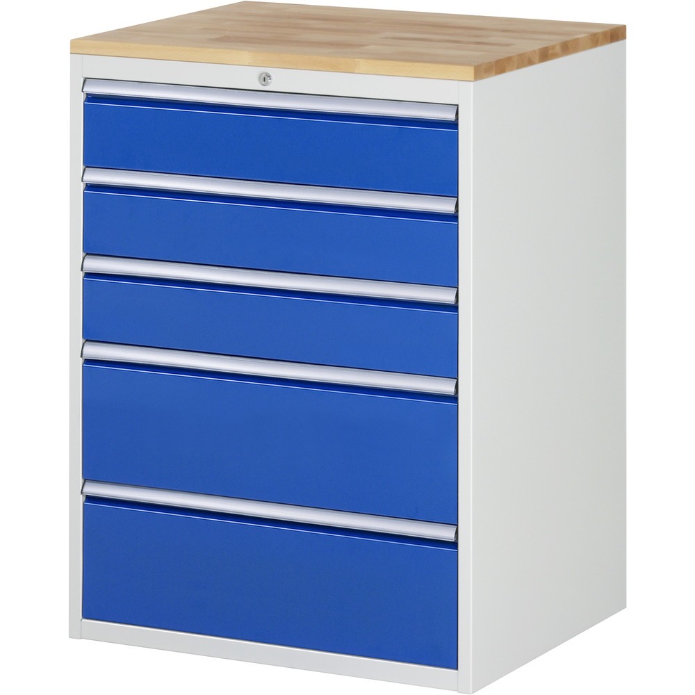 Imagen del producto: Armario con cajones RAU serie 7000, HxAxF 1.035 x 770 x 650 mm, 5 cajones extraíbles al 90%, 3 x 150 mm, 2 x 240 mm, encimera de haya