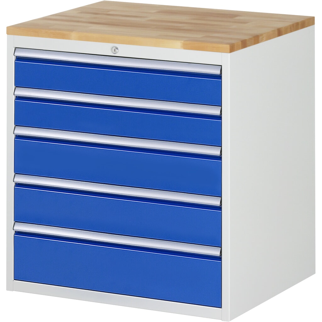 Imagen del producto: Armario con cajones RAU serie 7000, HxAxF 825 x 770 x 650 mm, con 5 cajones de extracción al 90%, 2 x 120 mm, 2 x 150 mm, 1 x 180 mm, encimera de haya