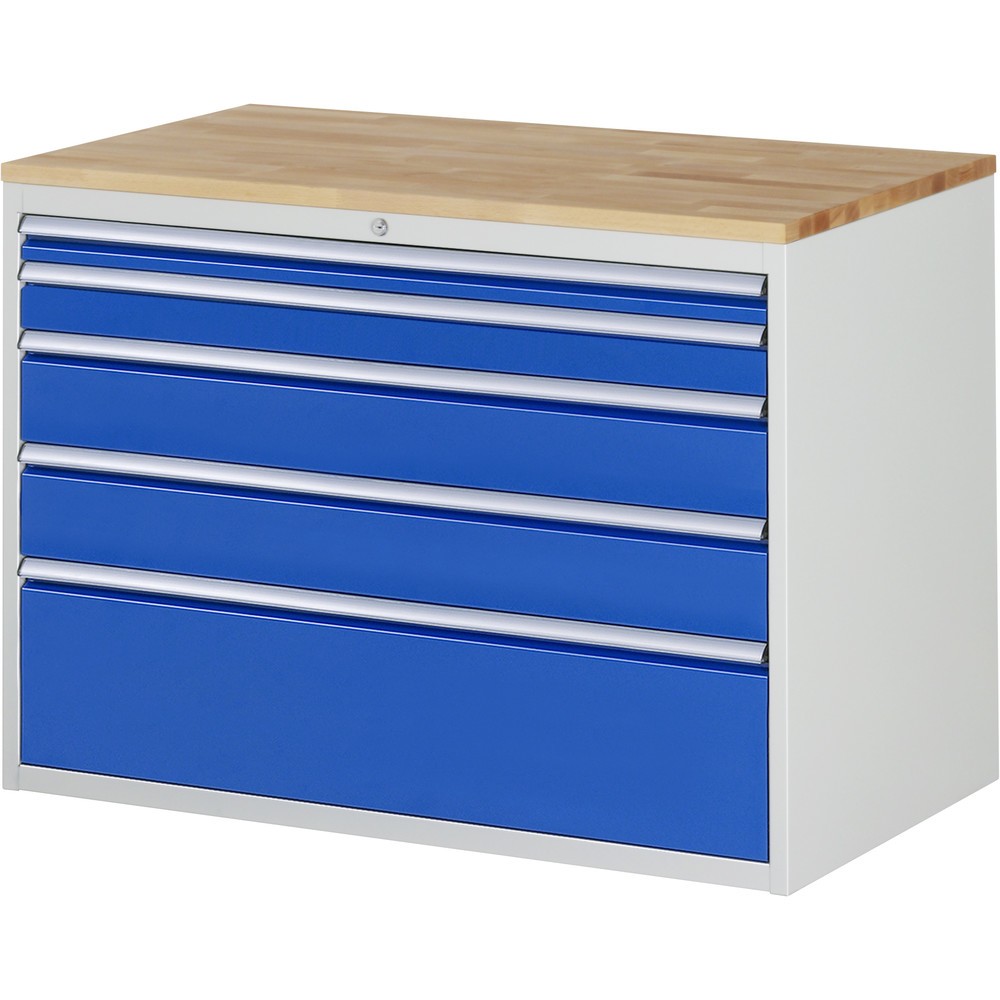 Imagen del producto: Armario con cajones RAU serie 7000, HxAxF 825 x 1.145 x 650 mm, 5 cajones extraíbles al 90%, 1 x 60 mm, 1 x 90 mm, 2 x 150 mm, 1 x 270 mm, encimera de haya