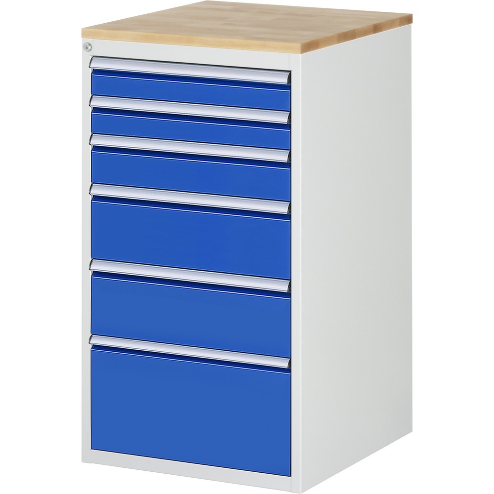 Imagen del producto: Armario con cajones RAU serie 7000, HxAxF 1.035 x 580 x 650 mm, 6 cajones extraíbles al 90 %: 2 x 90 mm, 1 x 120 mm, 2 x 180 mm y 1 x 270 mm, encimera de haya