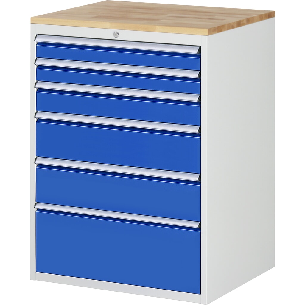 Imagen del producto: Armario con cajones RAU serie 7000, HxAxF 1.035 x 770 x 650 mm, 6 cajones extraíbles al 90 %: 2 x 90 mm, 1 x 120 mm, 2 x 180 mm y 1 x 270 mm, encimera de haya