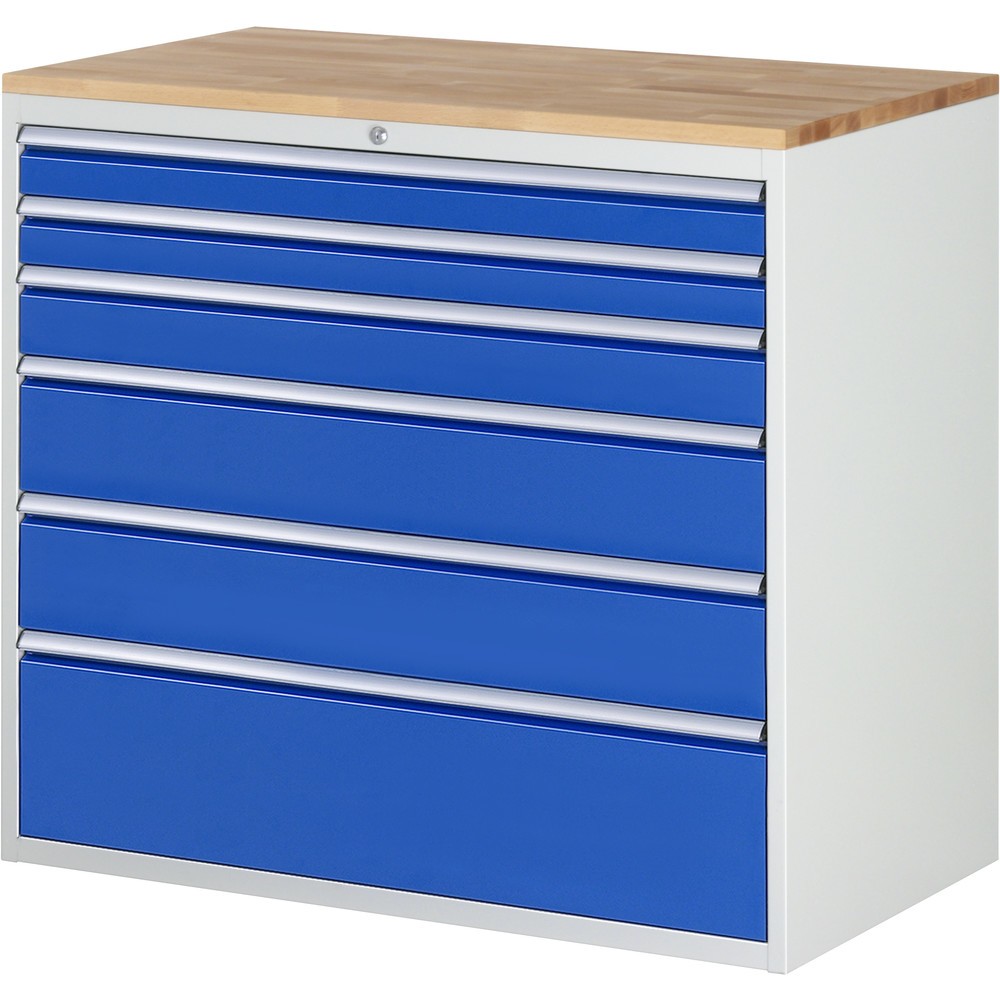 Imagen del producto: Armario con cajones RAU serie 7000, HxAxF 1.035 x 1.145 x 650 mm, 6 cajones extraíbles al 90 %: 2 x 90 mm, 1 x 120 mm, 2 x 180 mm y 1 x 270 mm, encimera de haya