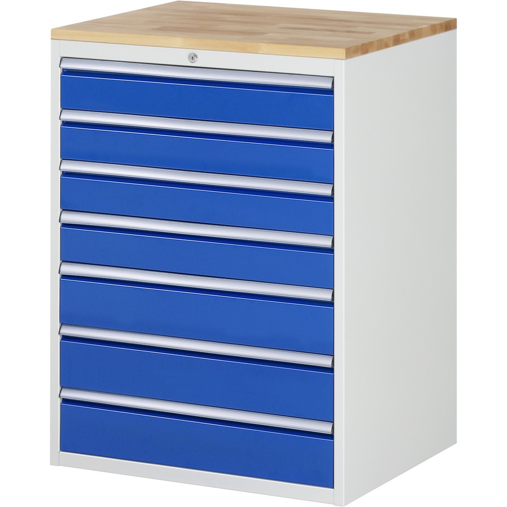 Imagen del producto: Armario con cajones RAU serie 7000, HxAxF 1.035 x 770 x 650 mm, 7 cajones extraíbles al 90 %, 4 x 120, 3 x 150 mm, encimera de haya
