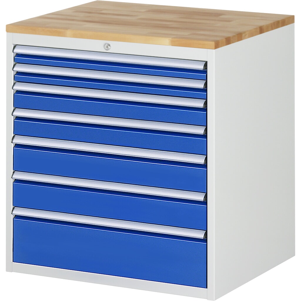 Armario con cajones RAU serie 7000, HxAxF 825 x 770 x 650 mm, 7 cajones extraíbles al 90 %, 2 x 60, 2 x 90, 2 x 120, 1 x 180 mm, encimera de haya Imagen del producto: Armario con cajones RAU serie 7000, HxAxF 825 x 770 x 650 mm, 7 cajones extraíbles al 90 %, 2 x 60, 2 x 90, 2 x 120, 1 x 180 mm, encimera de haya