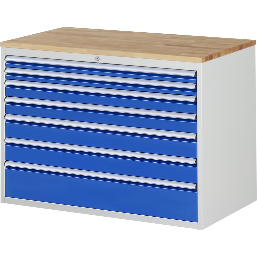 Imagen del producto: Armario con cajones RAU serie 7000, HxAxF 825 x 1.145 x 650 mm, 7 cajones extraíbles al 90 %, 2 x 60, 2 x 90, 2 x 120, 1 x 180 mm, encimera de haya