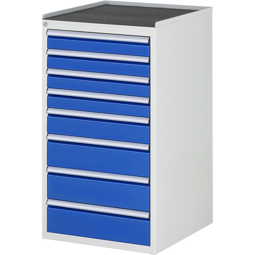 Imagen del producto: Armario con cajones RAU serie 7000, HxAxF 1.035 x 580 x 650 mm, 8 cajones extraíbles al 90%, 4 x 90 mm, 1 x 120 mm, 3 x 150 mm, encimera metálica