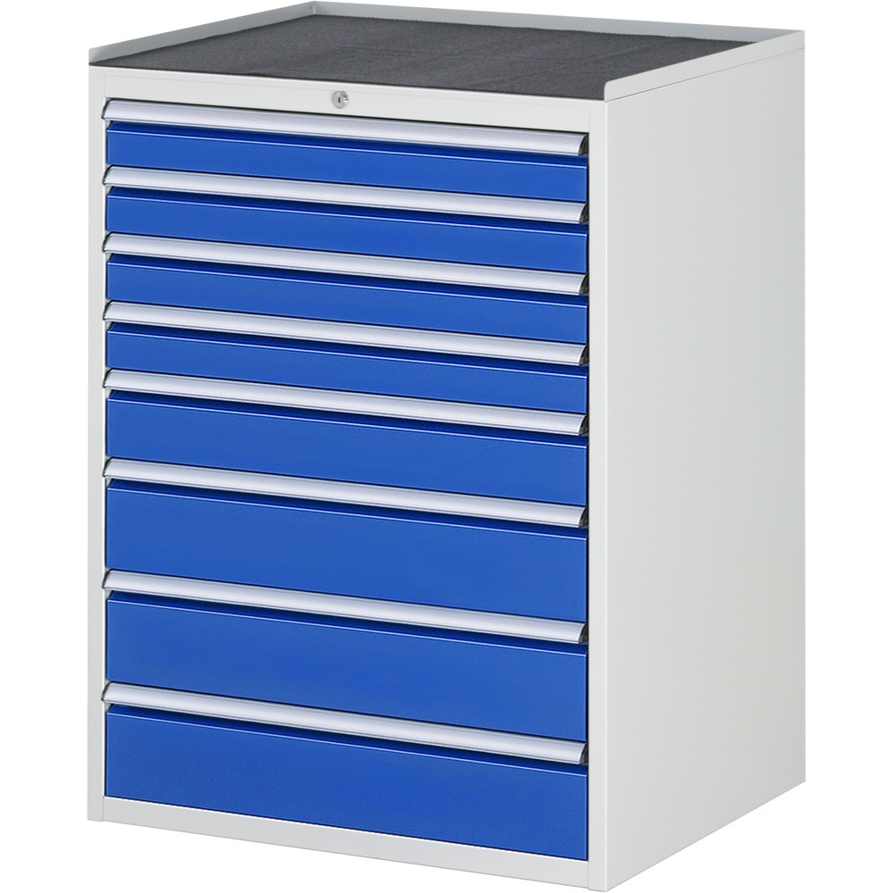 Imagen del producto: Armario con cajones RAU serie 7000, HxAxF 1.035 x 770 x 650 mm, 8 cajones extraíbles al 90%, 4 x 90 mm, 1 x 120 mm, 3 x 150 mm, encimera metálica