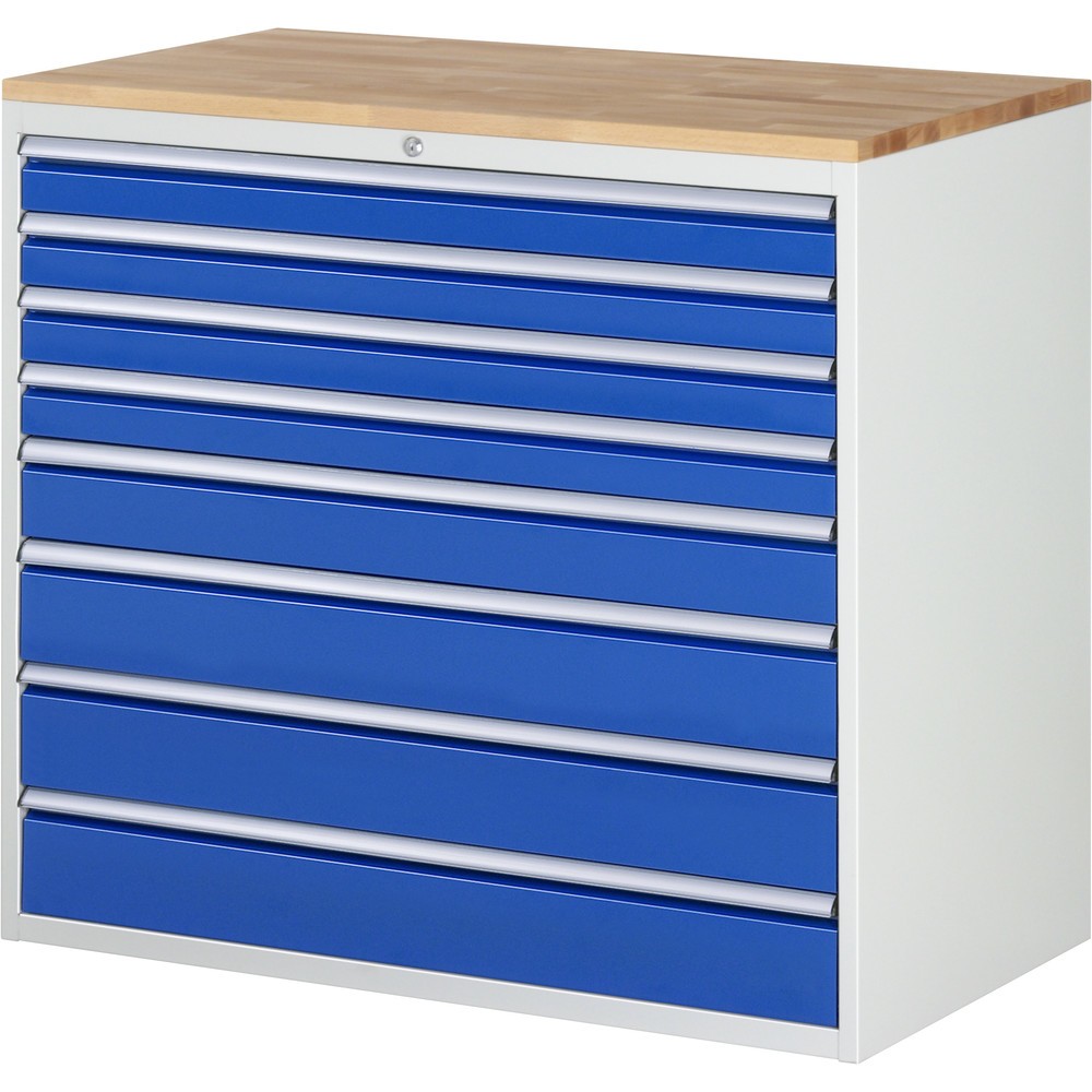 Imagen del producto: Armario con cajones RAU serie 7000, HxAxF 1.035 x 1.145 x 650 mm, 8 cajones extraíbles al 90%, 4 x 90 mm, 1 x 120 mm, 3 x 150 mm, encimera de haya