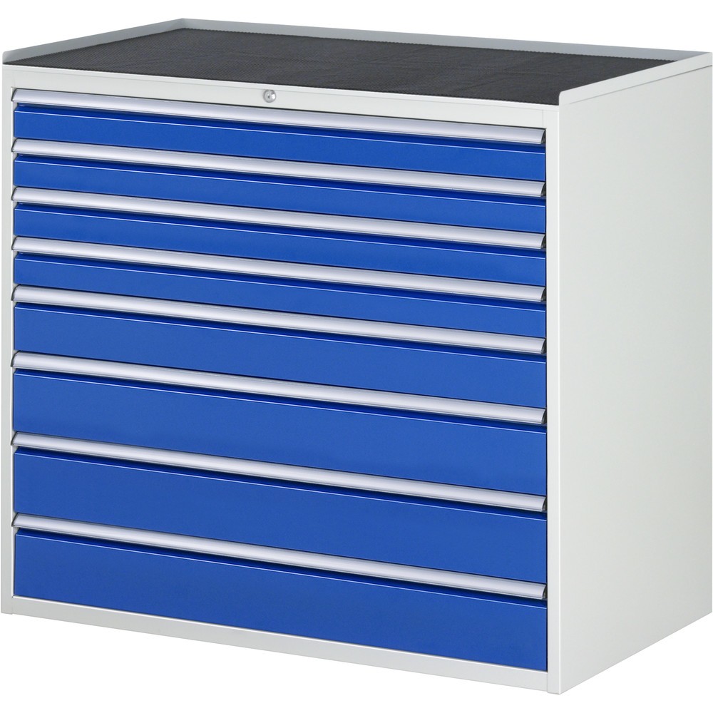 Imagen del producto: Armario con cajones RAU serie 7000, HxAxF 1.035 x 1.145 x 650 mm, 8 cajones extraíbles al 90%, 4 x 90 mm, 1 x 120 mm, 3 x 150 mm, encimera metálica