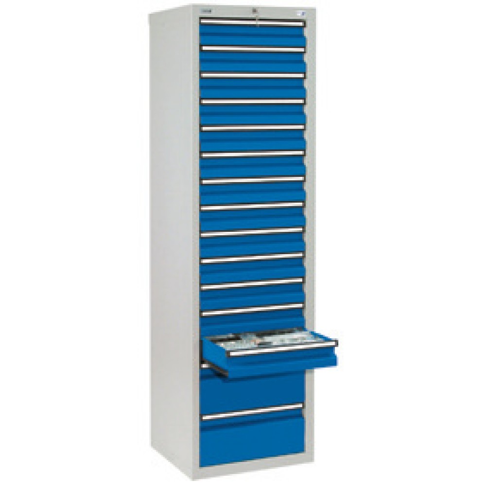 Imagen del producto: Armario con cajones stumpf®, cajones 13x100 + 2x200 mm, H x A x F 1.800 x 500 x 500 mm, gris claro/azul genciana