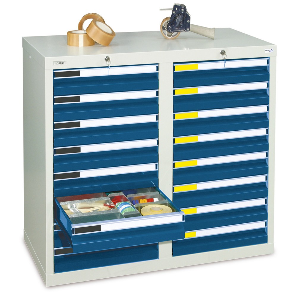 Imagen del producto: Armario con cajones stumpf®, Premium, cajones 16x100 mm, H x A x F 900 x 1.000 x 500 mm, gris claro/azul genciana