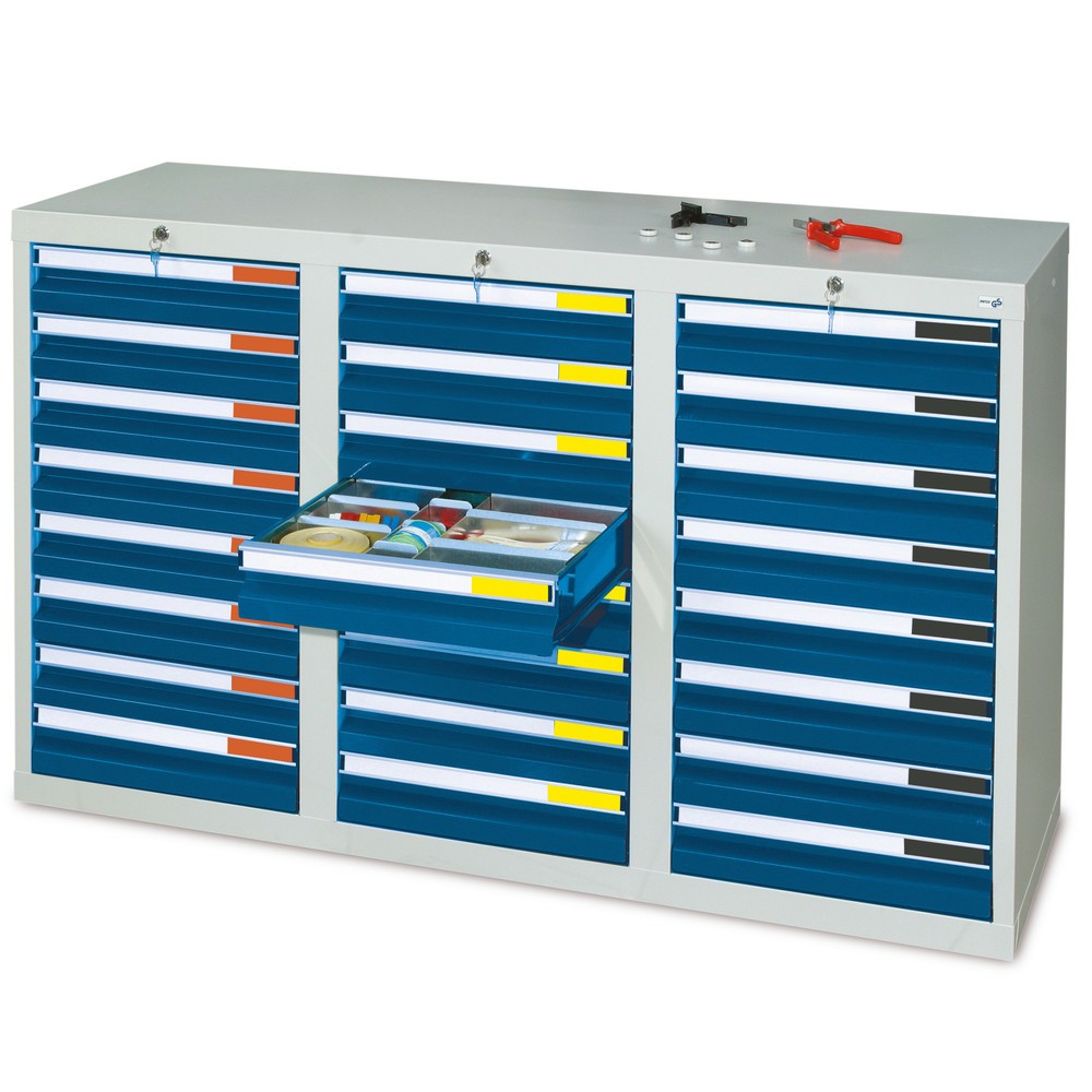 Imagen del producto: Armario con cajones stumpf®, Premium, cajones 24x100 mm, H x A x F 900 x 1.500 x 500 mm, gris claro/azul genciana
