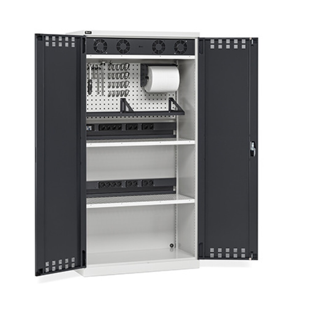 Imagen del producto: Armario de carga de baterías recargables Fami PERFOM, 2 baldas perforadas, regletas de enchufes, regletas de enchufes, rejilla de ventilación, 2.000 x 1.023 x 726 mm (alto x ancho x fondo), gris claro, antracita