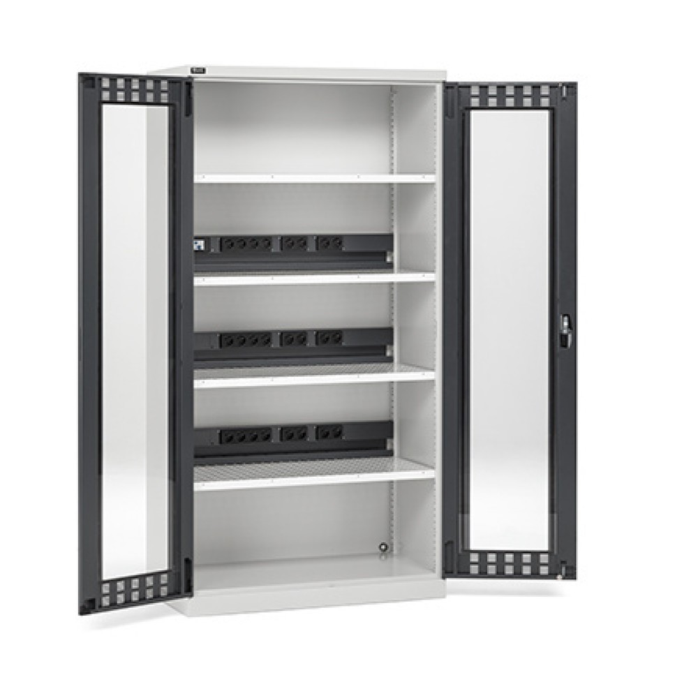 Imagen del producto: Armario de carga de baterías recargables Fami PERFOM con mirillas, capacidad de carga 1.200 kg, 4 baldas perforados, 2.000 x 1.023 x 726 mm (alto x ancho x fondo), gris claro, antracita