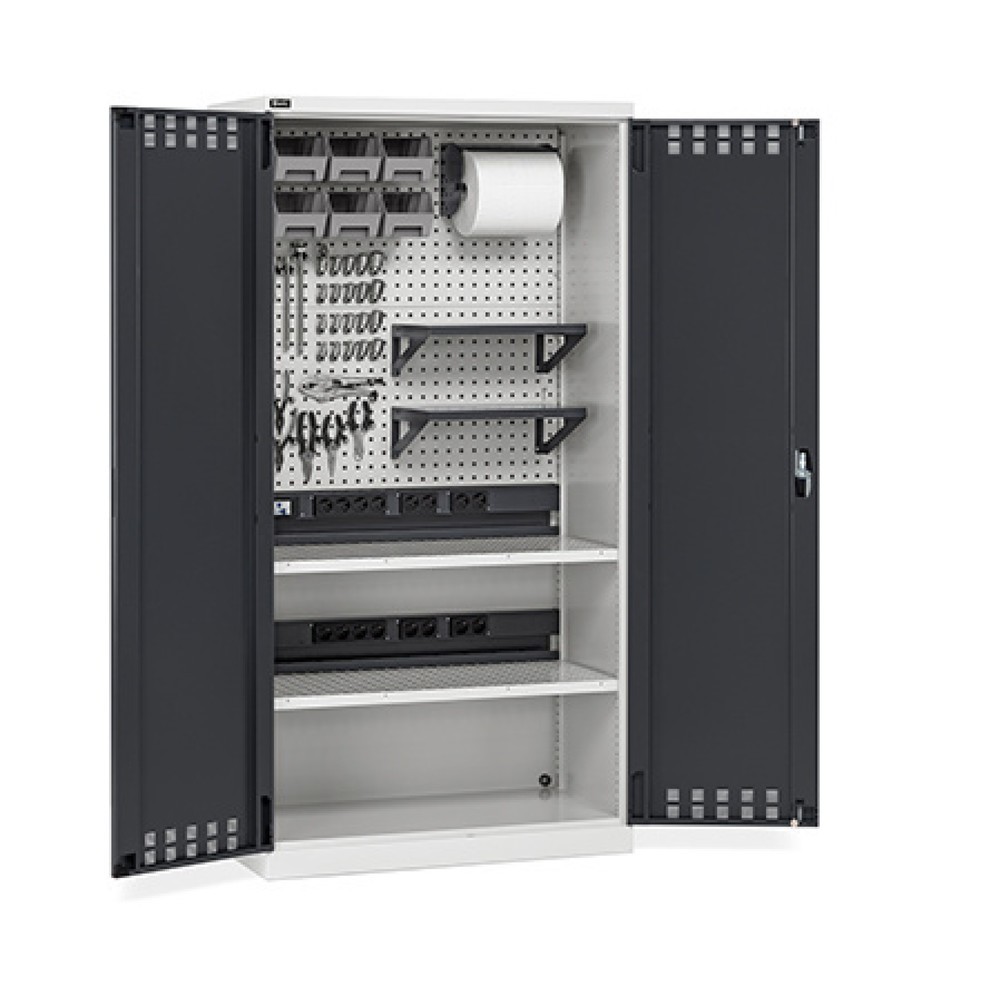 Imagen del producto: Armario de carga de baterías recargables Fami PERFOM con placa perforada y accesorios, 2.000 x 1.023 x 726 mm (alto x ancho x fondo), gris claro, antracita