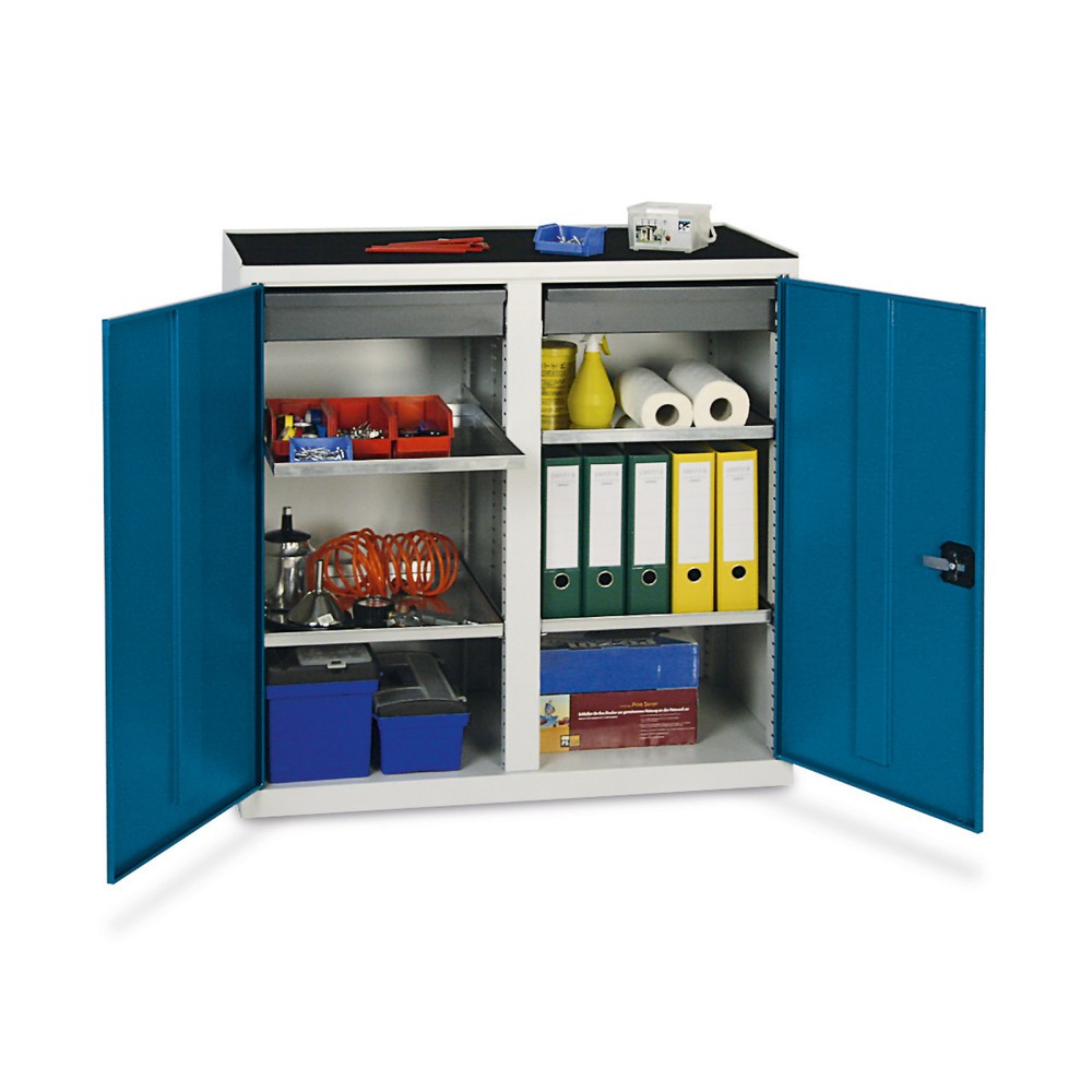 Imagen del producto: Armario de puertas batientes con 2 cajones y 4 cubetas, H x A x F 1.000 x 1.000 x 500 mm, gris