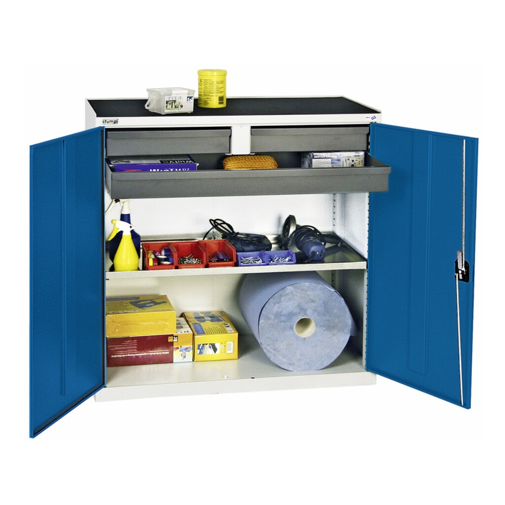 Número de imagen del producto 1: Armario de puertas batientes con 3 cajones y 1 cubeta, H x A x F 1.000 x 1.000 x 500 mm, gris/azul