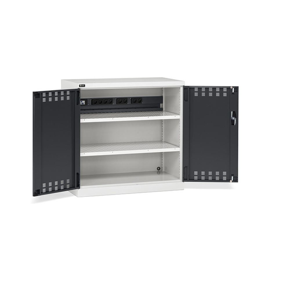 Imagen del producto: Armario de carga de baterías recargables Fami PERFOM, 2 baldas perforados, 1.000 x 1.023 x 555 mm (alto x ancho x fondo), gris claro, antracita