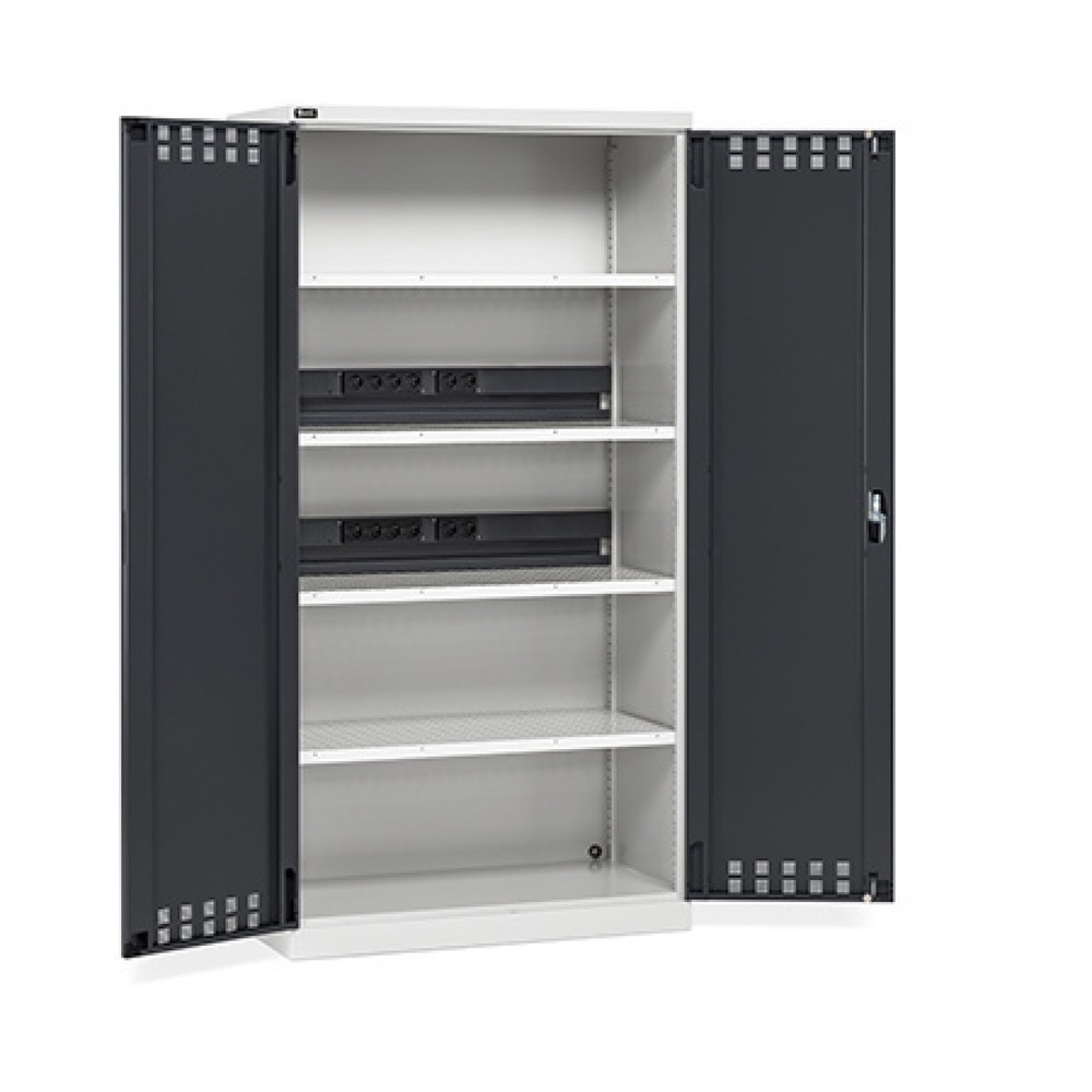Imagen del producto: Armario de carga de baterías recargables Fami PERFOM, 4 baldas perforados, 2.000 x 1.023 x 726 mm (alto x ancho x fondo), gris claro, antracita