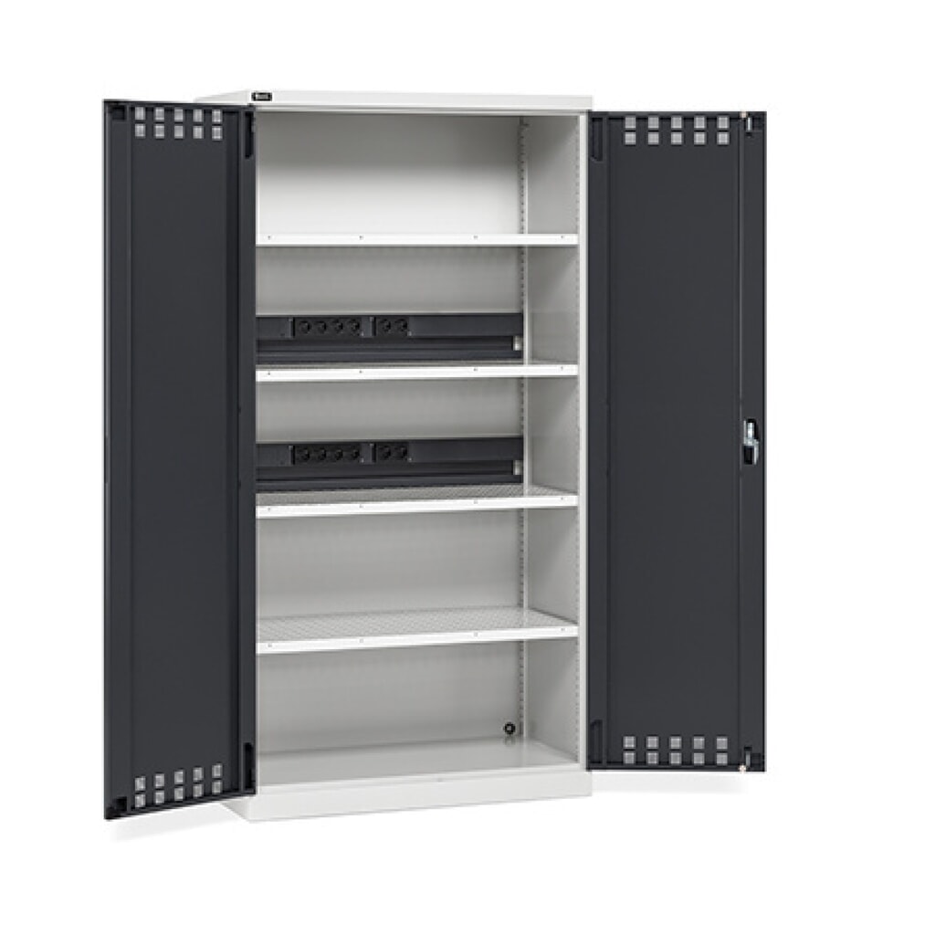 Imagen del producto: Armario de carga de baterías recargables Fami PERFOM, 4 baldas perforados, 2.000 x 1.023 x 726 mm (alto x ancho x fondo), gris claro, antracita