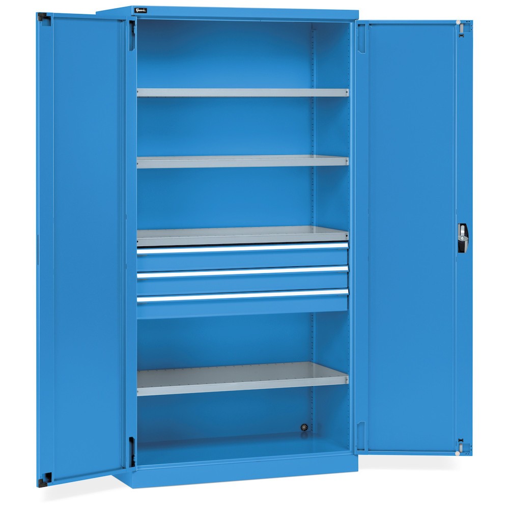 Número de imagen del producto 1: Armario Fami PERFOM con puertas batientes, 3 cajones, 4 baldas, 2.000 x 1.023 x 726 mm (alto x ancho x fondo), azul claro