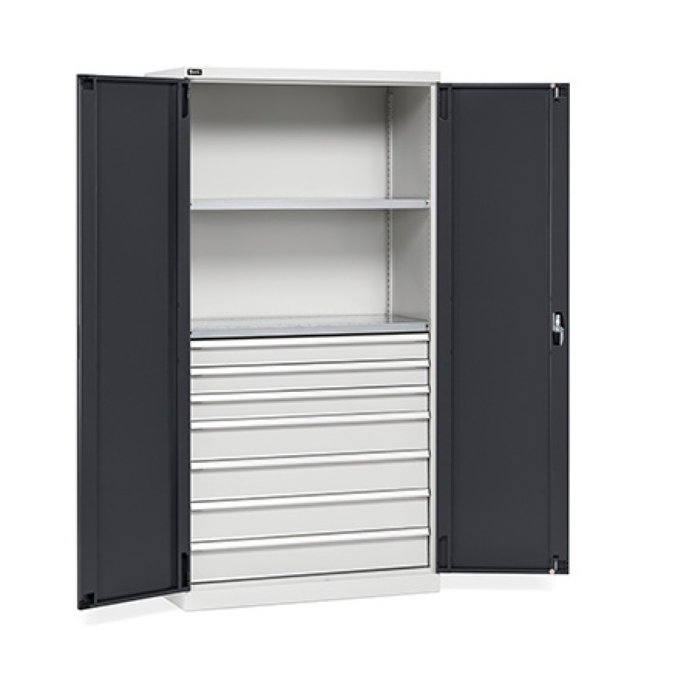 Imagen del producto: Armario Fami PERFOM con puertas batientes, 7 cajones, 2 baldas, 2.000 x 1.023 x 726 mm (alto x ancho x fondo), gris claro, antracita