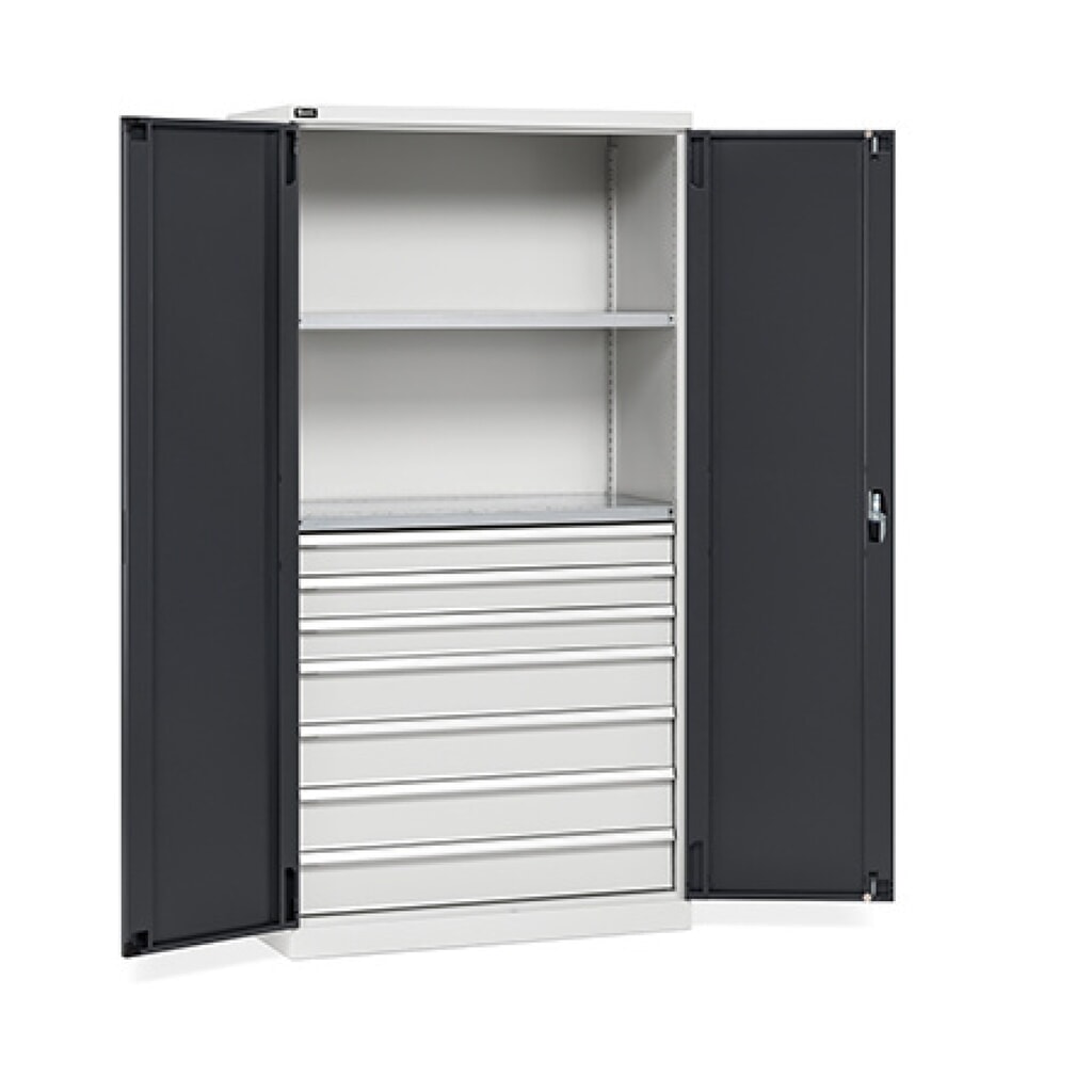 Imagen del producto: Armario Fami PERFOM con puertas batientes, 7 cajones, 2 baldas, 2.000 x 1.023 x 726 mm (alto x ancho x fondo), gris claro, antracita