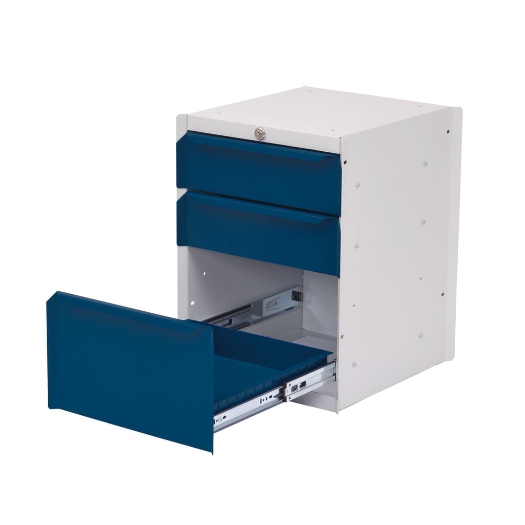 Armario inferior Bedrunka+Hirth con 3 cajones para mesa de sistema de puestos de trabajo, H x A x F 500 x 370 x 400 mm, azul genciana Imagen del producto: Armario inferior Bedrunka+Hirth con 3 cajones para mesa de sistema de puestos de trabajo, H x A x F 500 x 370 x 400 mm, azul genciana
