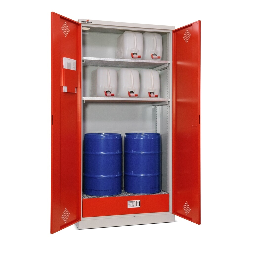 Armario para aceites Steinbock®, 2 baldas de rejilla galvanizada ajustables en altura, 1 cuba de contención, H x A x F 1.950 x 950 x 500 mm Imagen del producto: Armario para aceites Steinbock®, 2 baldas de rejilla galvanizada ajustables en altura, 1 cuba de contención, H x A x F 1.950 x 950 x 500 mm