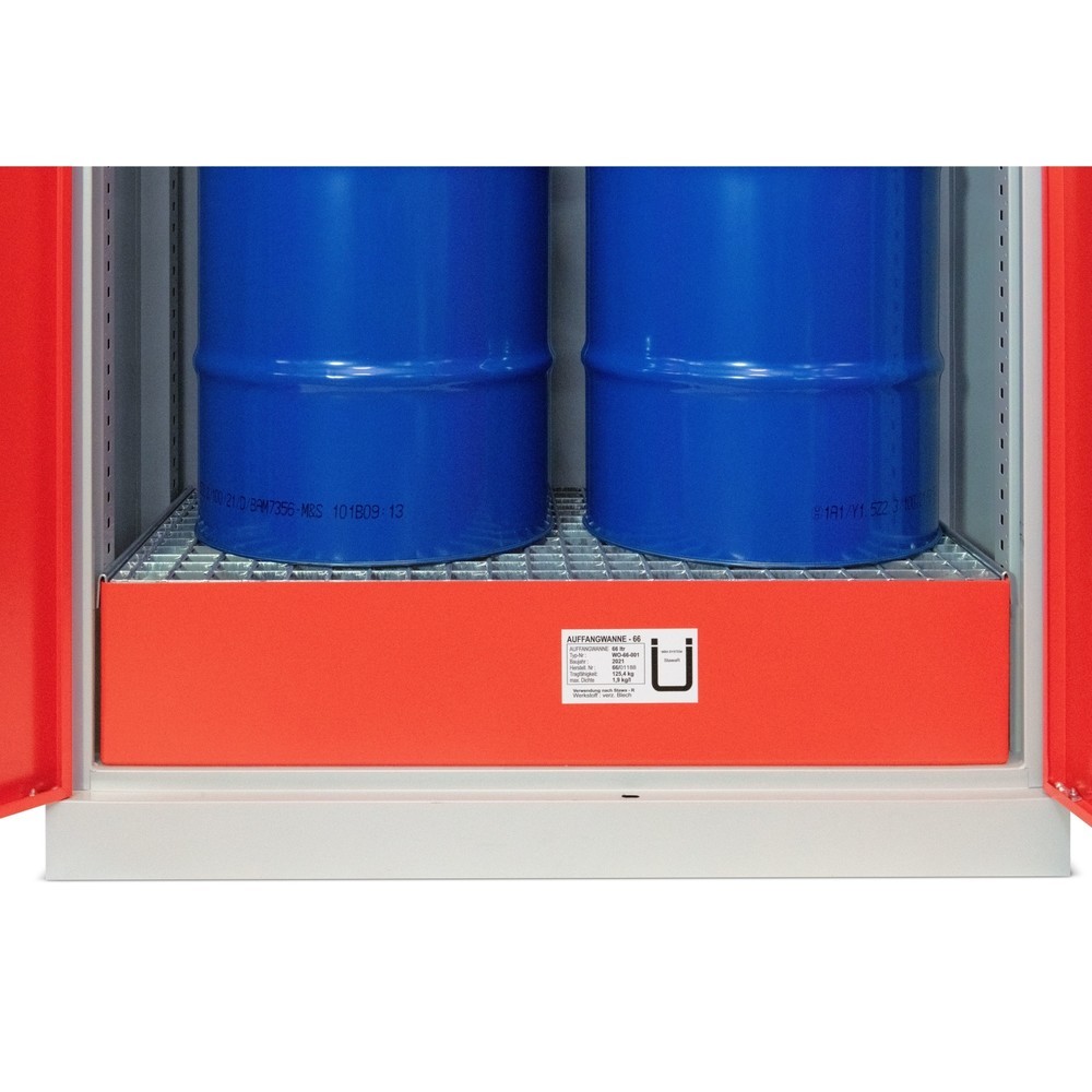 Número de imagen del producto 4: Armario para aceites Steinbock®, 2 baldas de rejilla galvanizada ajustables en altura, 1 cuba de contención, H x A x F 1.950 x 950 x 500 mm