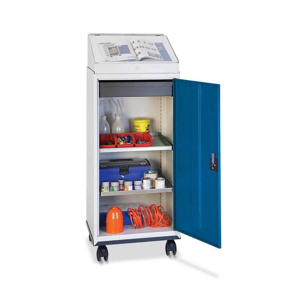 Imagen del producto: Armario de puertas batientes para taller Stumpf®, con ruedas, con pupitre + 1 cajón + 2 cubetas, gris