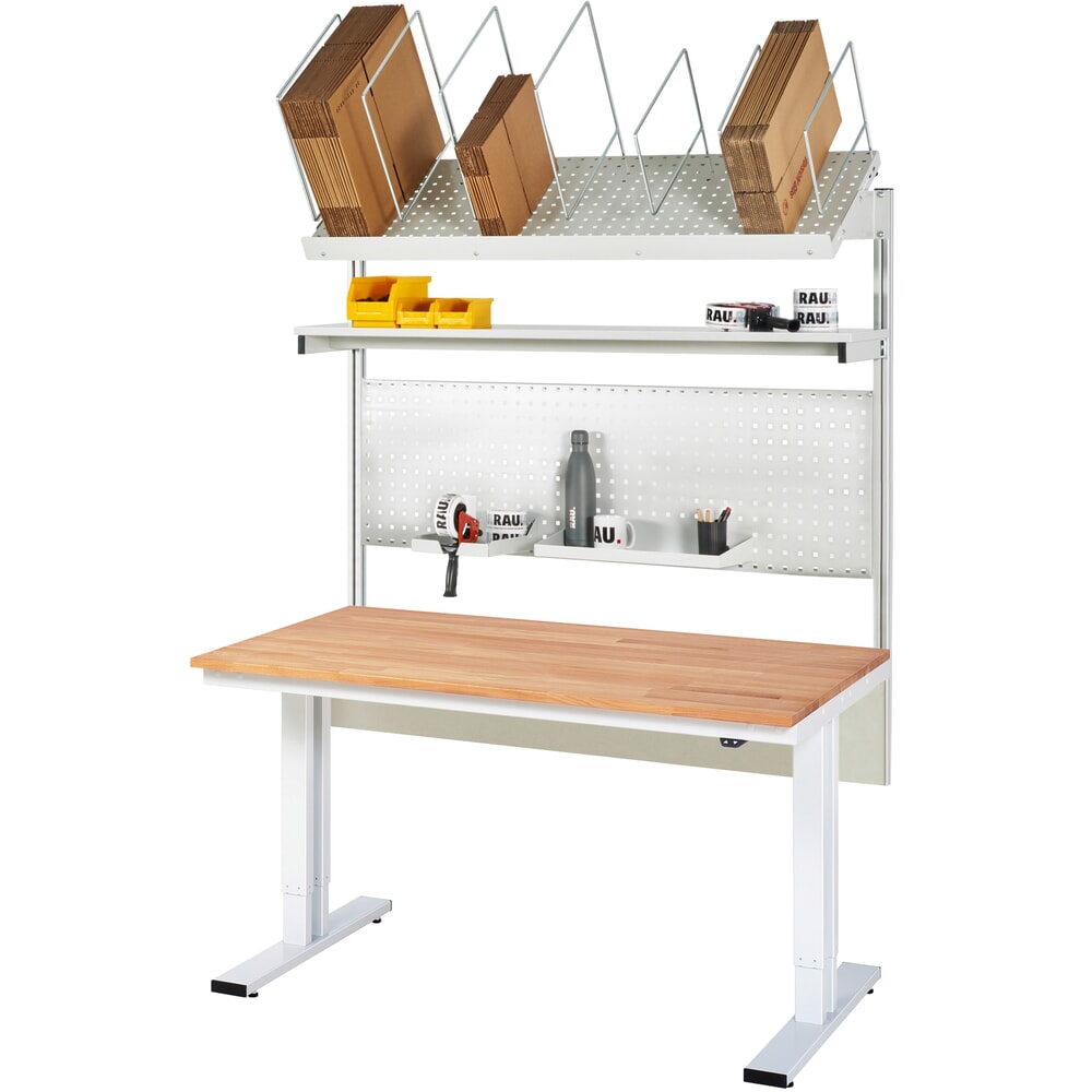 Número de imagen del producto 6: Juego de mesa de embalaje RAU adlatus 300 de altura regulable eléctricamente, montaje con almacén de cajas de cartón y placa perforada, HxAxF 1850-2250 mm x 1500 mm x 800 mm