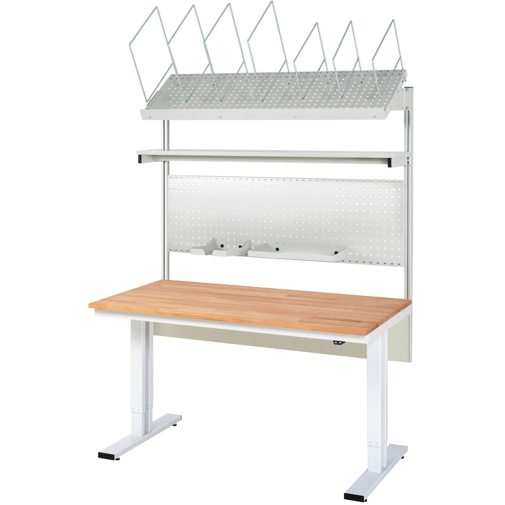 Imagen del producto: Juego de mesa de embalaje RAU adlatus 300 de altura regulable eléctricamente, montaje con almacén de cajas de cartón y placa perforada, HxAxF 1850-2250 mm x 1500 mm x 800 mm