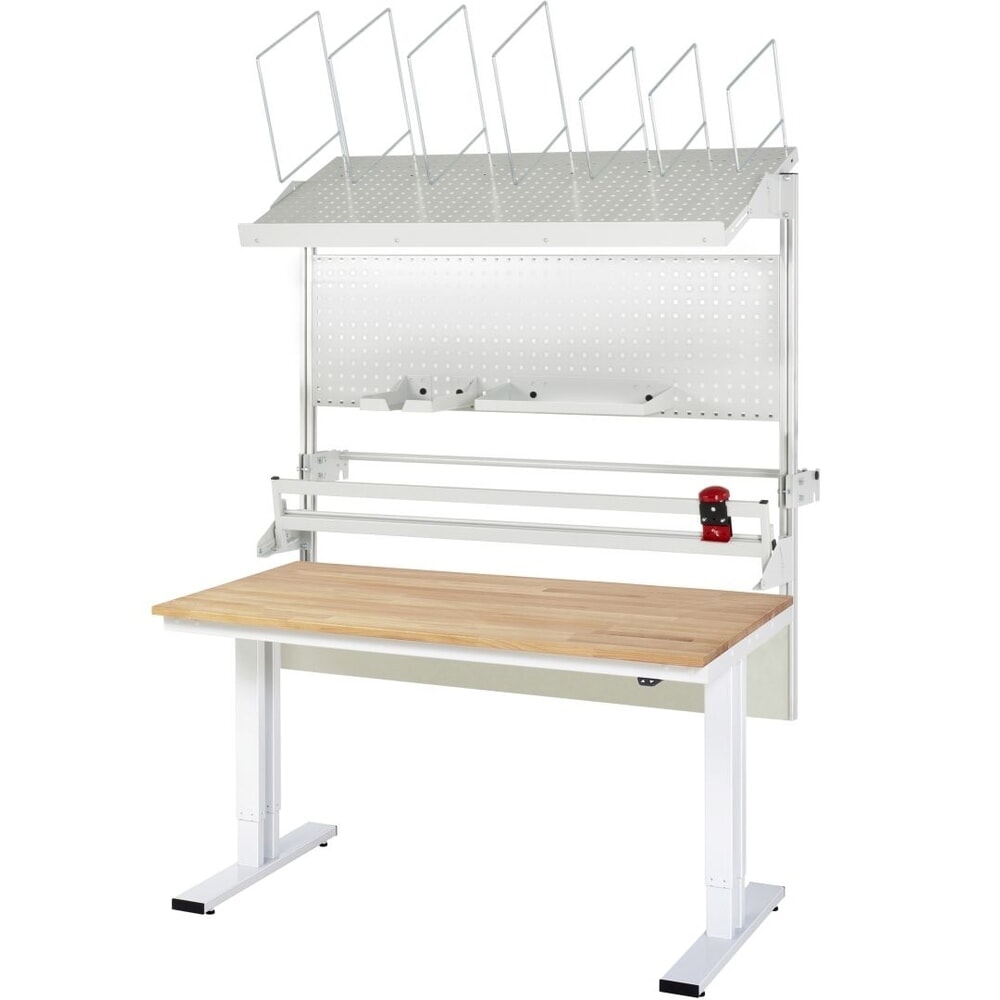 Imagen del producto: Juego de mesa de embalaje RAU adlatus 300 de altura regulable eléctricamente, con almacén de cajas de cartón, placa perforada y dispositivo de corte, HxAxF 1850-2250 mm x 1500 mm x 800 mm