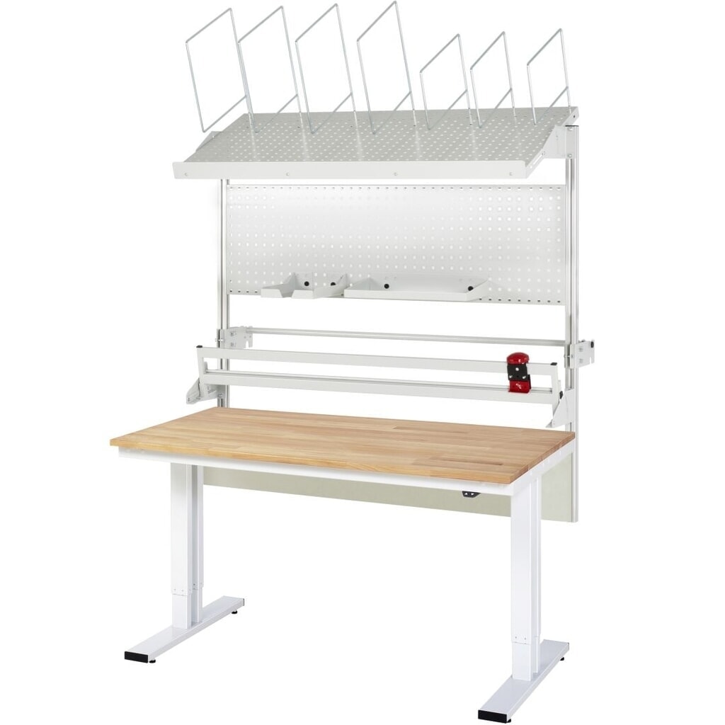 Imagen del producto: Juego de mesa de embalaje RAU adlatus 300 de altura regulable eléctricamente, con almacén de cajas de cartón, placa perforada y dispositivo de corte, HxAxF 1850-2250 mm x 1500 mm x 800 mm