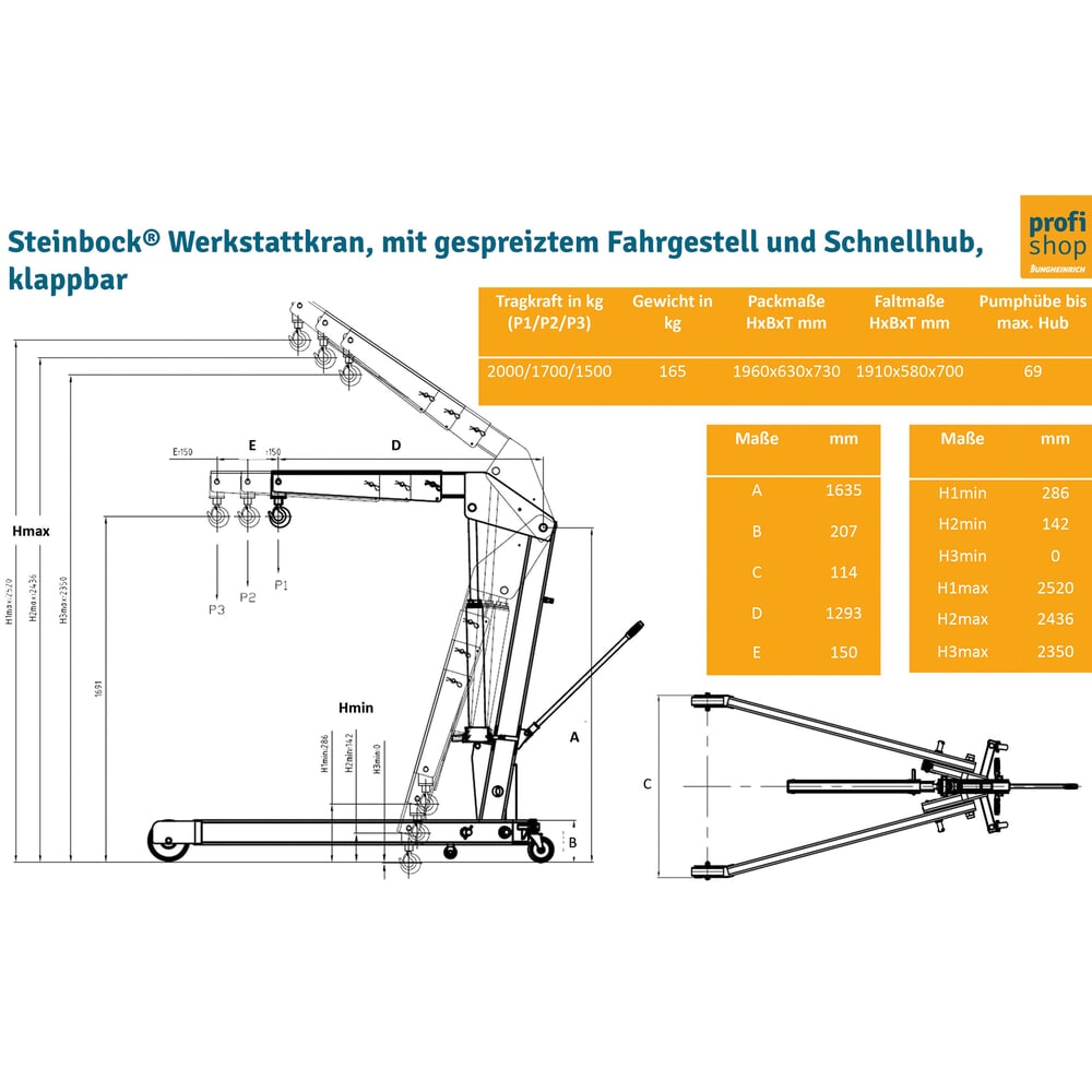Número de imagen del producto 5: Grúa de taller Steinbock® con bastidor abierto y elevación rápida, plegable, CC 1500-2000 kg