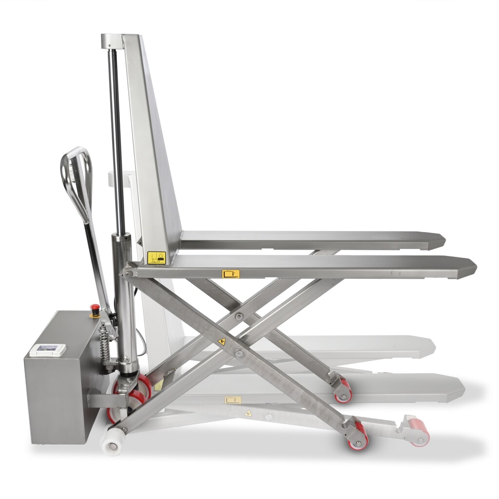Imagen del producto: Transpaleta de tijera de acero inoxidable Ameise® PTM 1.0 Scissor INOX, capacidad de carga 1000 kg, electrohidráulica, longitud de horquilla 1200 mm, nailon