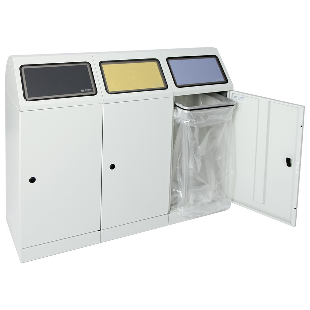 Número de imagen del producto 2: Contenedor de reciclaje Stumpf®, 3x 70 litros, con puerta de una hoja y soporte para sacos de basura