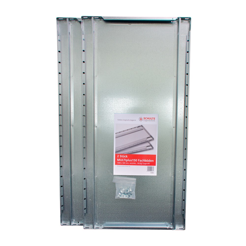 Número de imagen del producto 1: Balda MULTIplus para estantería de cargas pequeñas SCHULTE Green, montaje encajado, carga por estante 150 kg, paquete de 2, AxF 1.000 x 500 mm, con 8 soportes
