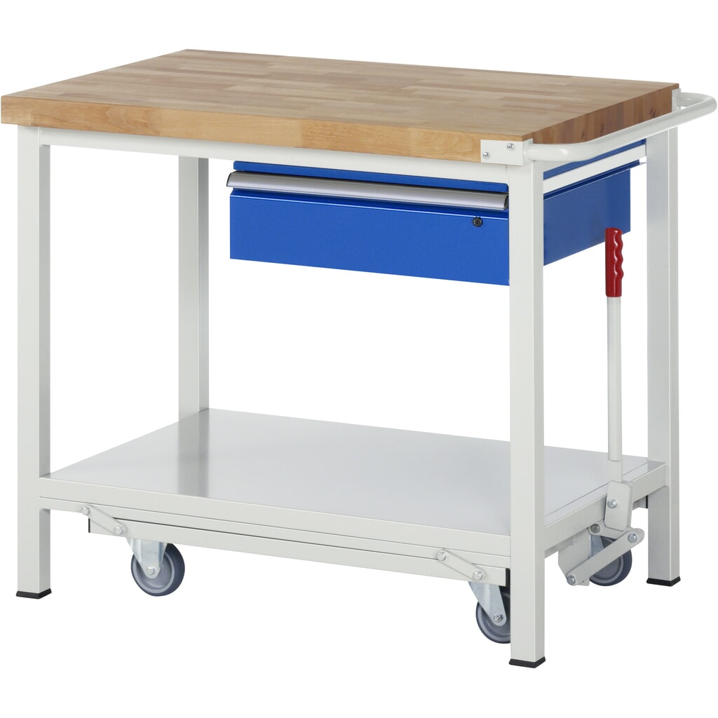 Imagen del producto: Banco de trabajo RAU serie 8000 con bastidor con ruedas abatible, HxAxF 880 x 1.000 x 700 mm, estante inferior, 1 cajón, ErgoScript®