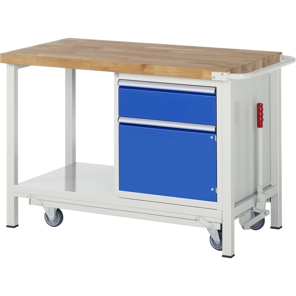 Imagen del producto: Banco de trabajo RAU serie 8000 con bastidor con ruedas abatible, 1 contenedores, 1 estante inferior, HxAxF 880 x 1.500 x 700 mm, 1 cajón extraíble al 90%, 1 puerta batiente, ErgoScript
