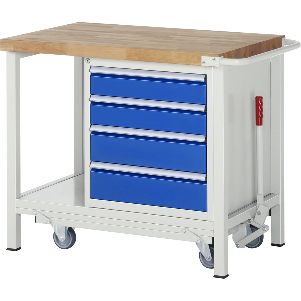 Imagen del producto: Banco de trabajo RAU serie 8000 con bastidor con ruedas abatible, 1 contenedores, 1 estante inferior, HxAxF 880 x 1.000 x 700 mm, 4 cajones extraíbles al 90%, ancho 490 mm