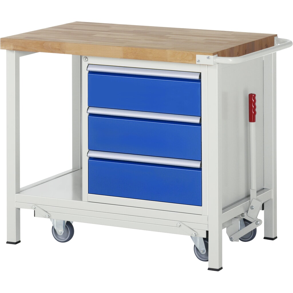 Imagen del producto: Banco de trabajo RAU serie 8000 con bastidor con ruedas abatible, 1 contenedores, 1 estante inferior, HxAxF 880 x 1.000 x 700 mm, 3 cajones extraíbles al 90%, ancho 490 mm, ErgoScript